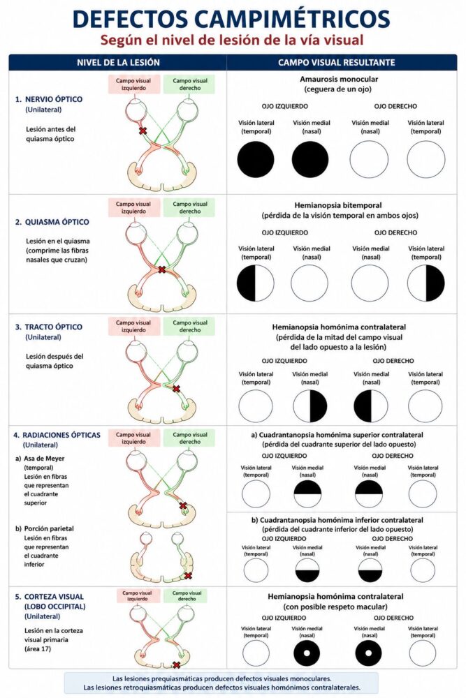 Nervio Óptico Defectos campimétricos según el nivel de lesión de la vía visual: hemianopsia bitemporal, homónima y cuadrantanopsias