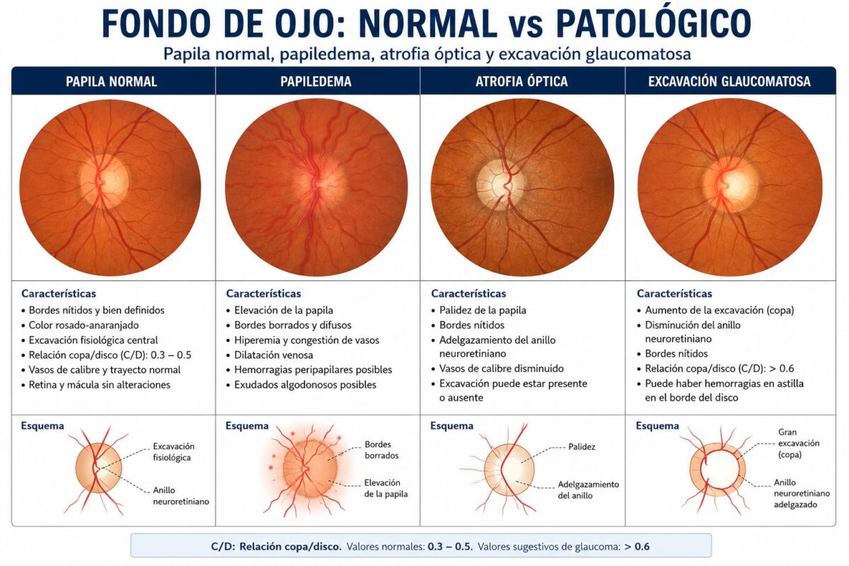 Nervio Óptico Fondo de ojo: papila normal, papiledema, atrofia óptica y excavación glaucomatosa