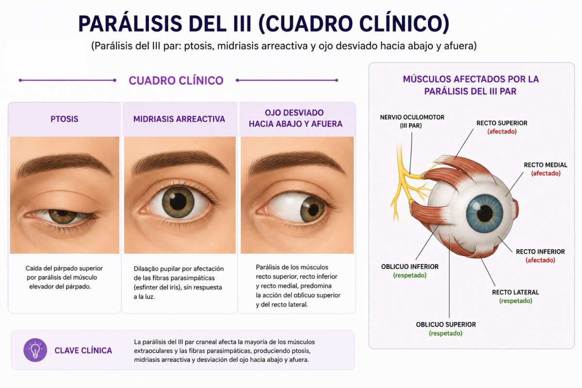 Parálisis del III par: ptosis, midriasis arreactiva y ojo desviado hacia abajo y afuera