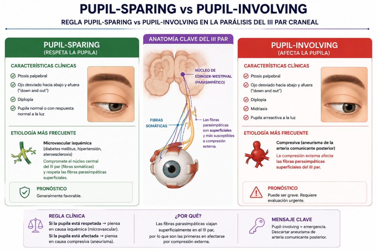 Regla pupil-sparing vs pupil-involving en la parálisis del III par craneal