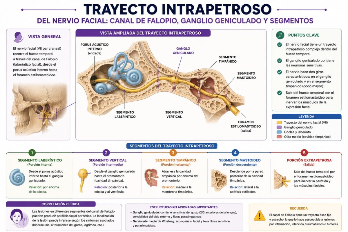 Trayecto intrapetroso del nervio facial: canal de Falopio, ganglio geniculado y segmentos