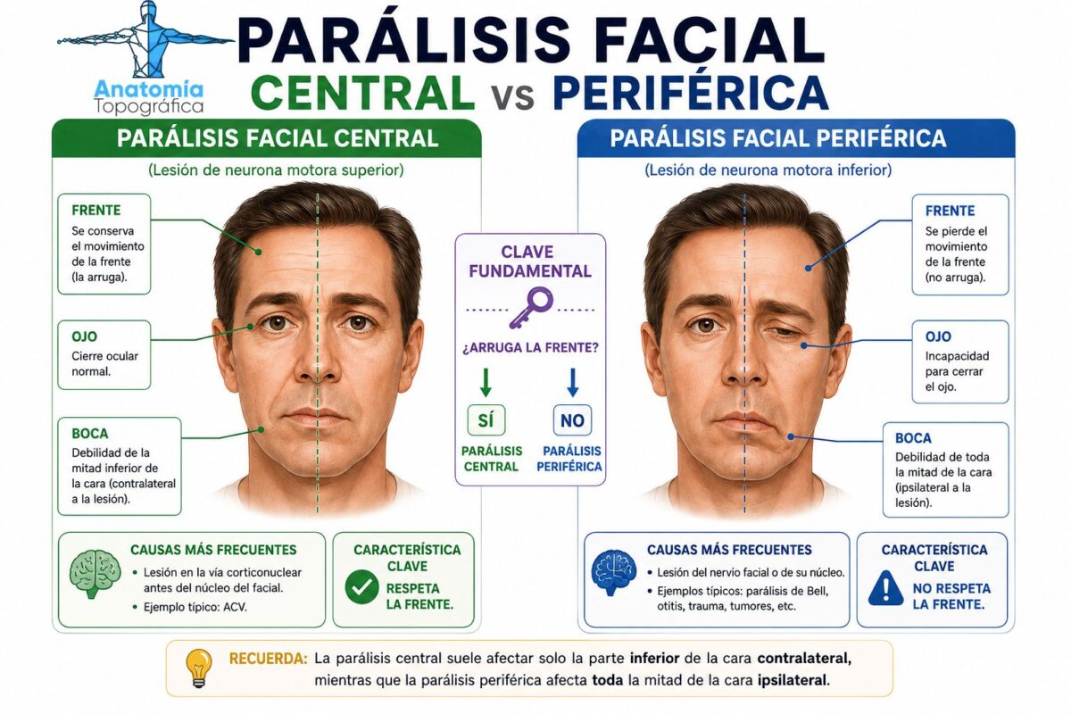 Diferencia entre parálisis facial central (respeta la frente) y periférica (no respeta la frente)