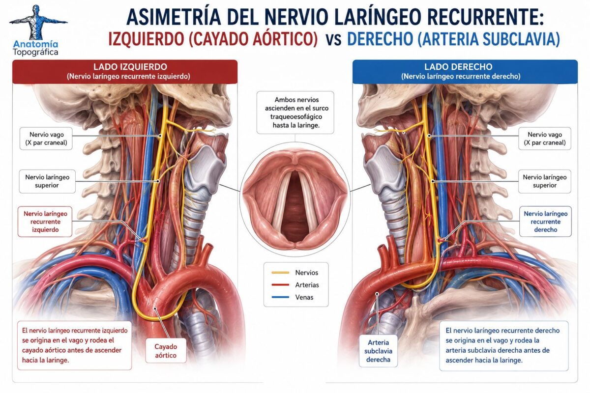 Nervio vago (X par craneal): anatomía, funciones, ramas y patología Asimetría del nervio laríngeo recurrente: izquierdo (cayado aórtico) vs derecho (arteria subclavia)
