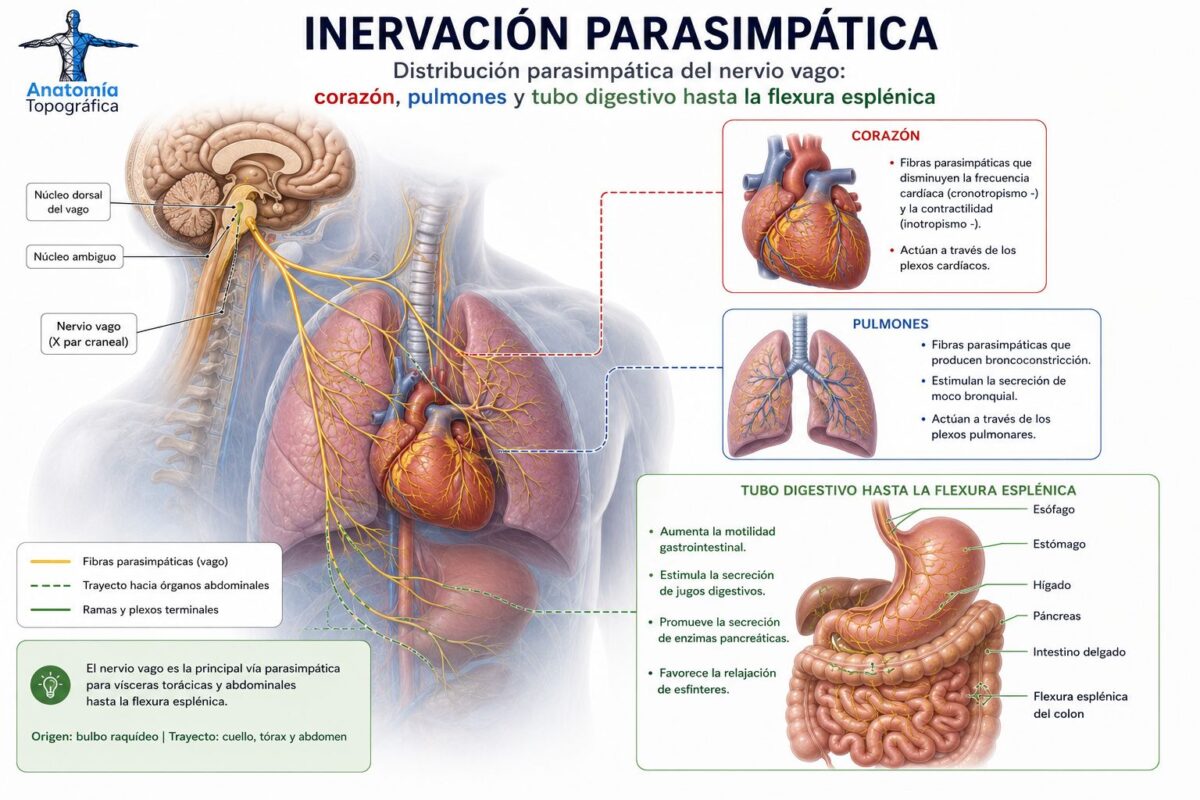 Nervio vago (X par craneal): anatomía, funciones, ramas y patología Distribución parasimpática del nervio vago: corazón, pulmones y tubo digestivo hasta la flexura esplénica