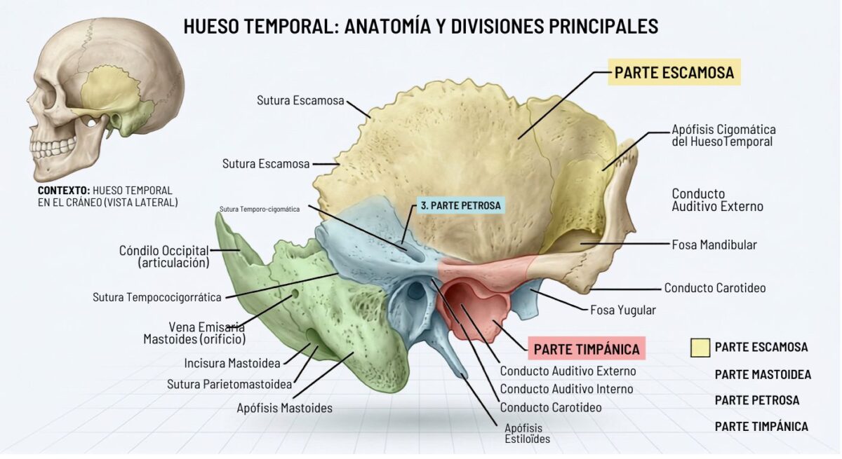 Hueso temporal: partes escamosa, mastoidea, petrosa y timpánica