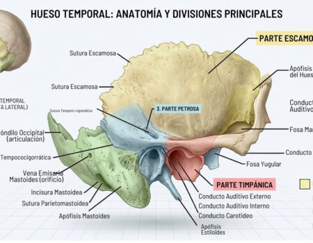 Hueso temporal: partes escamosa, mastoidea, petrosa y timpánica