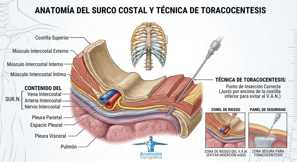Costillas: anatomía, clasificación y patología Contenido del surco costal: vena, arteria y nervio intercostales, técnica de toracocentesis