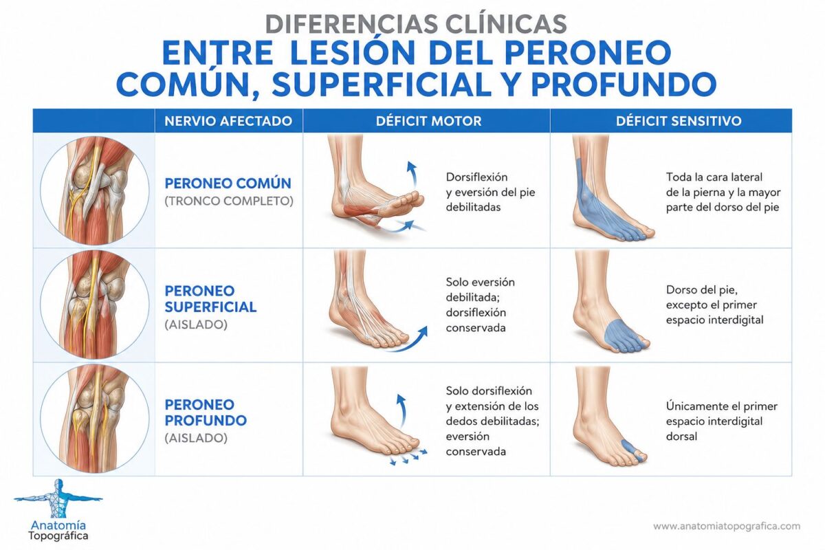 Nervio peroneo común (fibular común): origen, curso y función Diferencias clínicas entre lesión del peroneo común, superficial y profundo