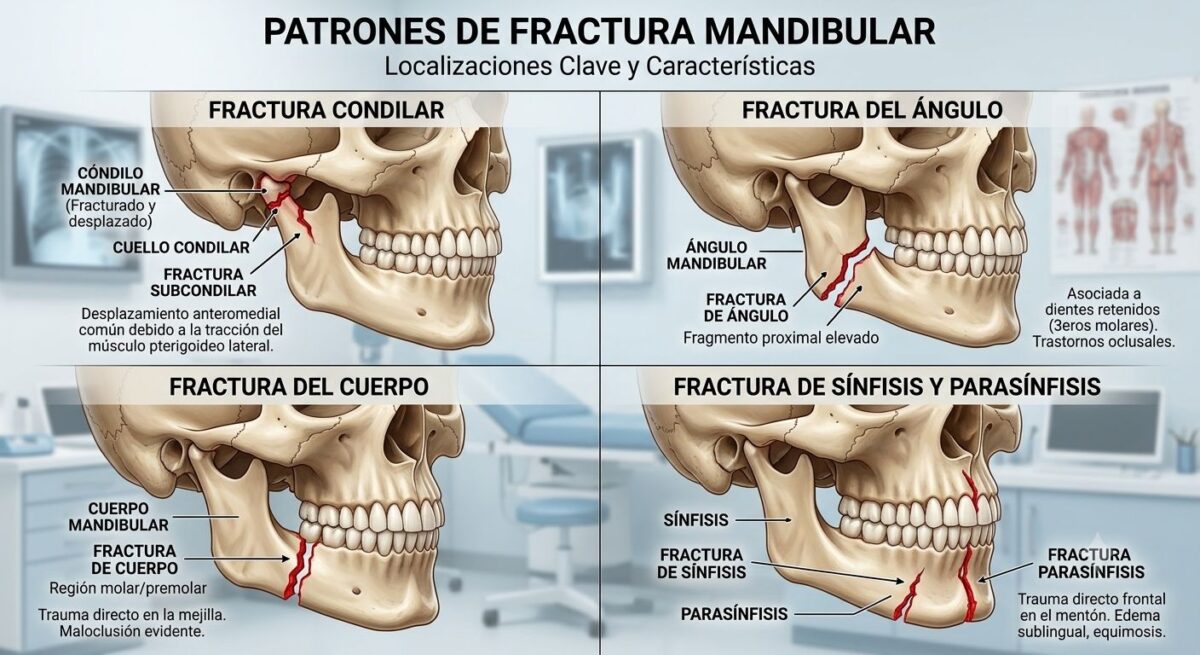 Mandíbula (maxilar inferior): anatomía, agujeros y patología Patrones de fractura mandibular: cóndilo, ángulo, cuerpo y sínfisis