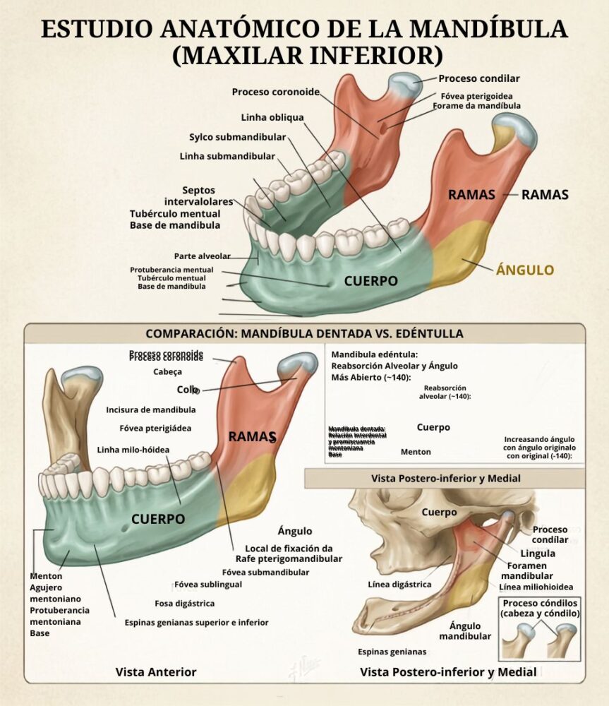 Mandíbula (maxilar inferior): anatomía, agujeros y patología Língula mandibular y foramen mandibular: referencia para el bloqueo del nervio alveolar inferior