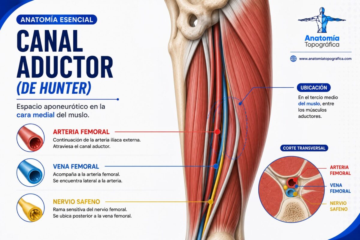 Músculos aductores de la cadera: biomecánica, canal aductor y clínica Canal aductor (de Hunter): arteria femoral, vena femoral y nervio safeno