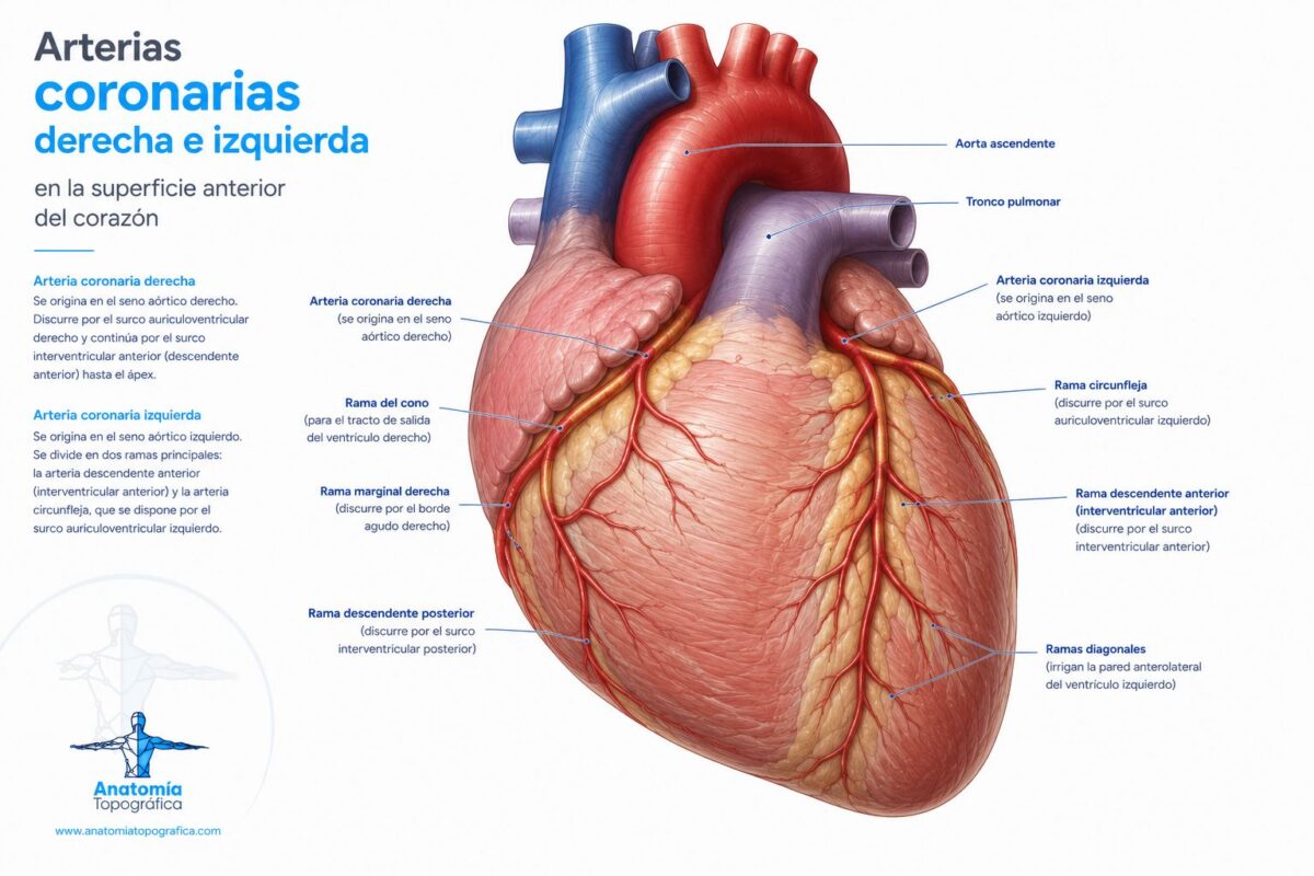 Arterias coronarias Arterias coronarias derecha e izquierda en la superficie anterior del corazón