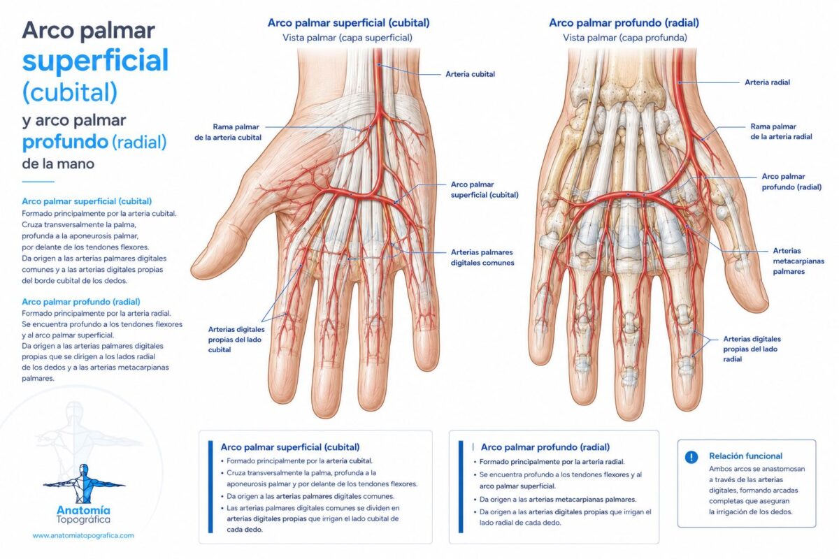 Arco palmar superficial (cubital) y arco palmar profundo (radial) de la mano