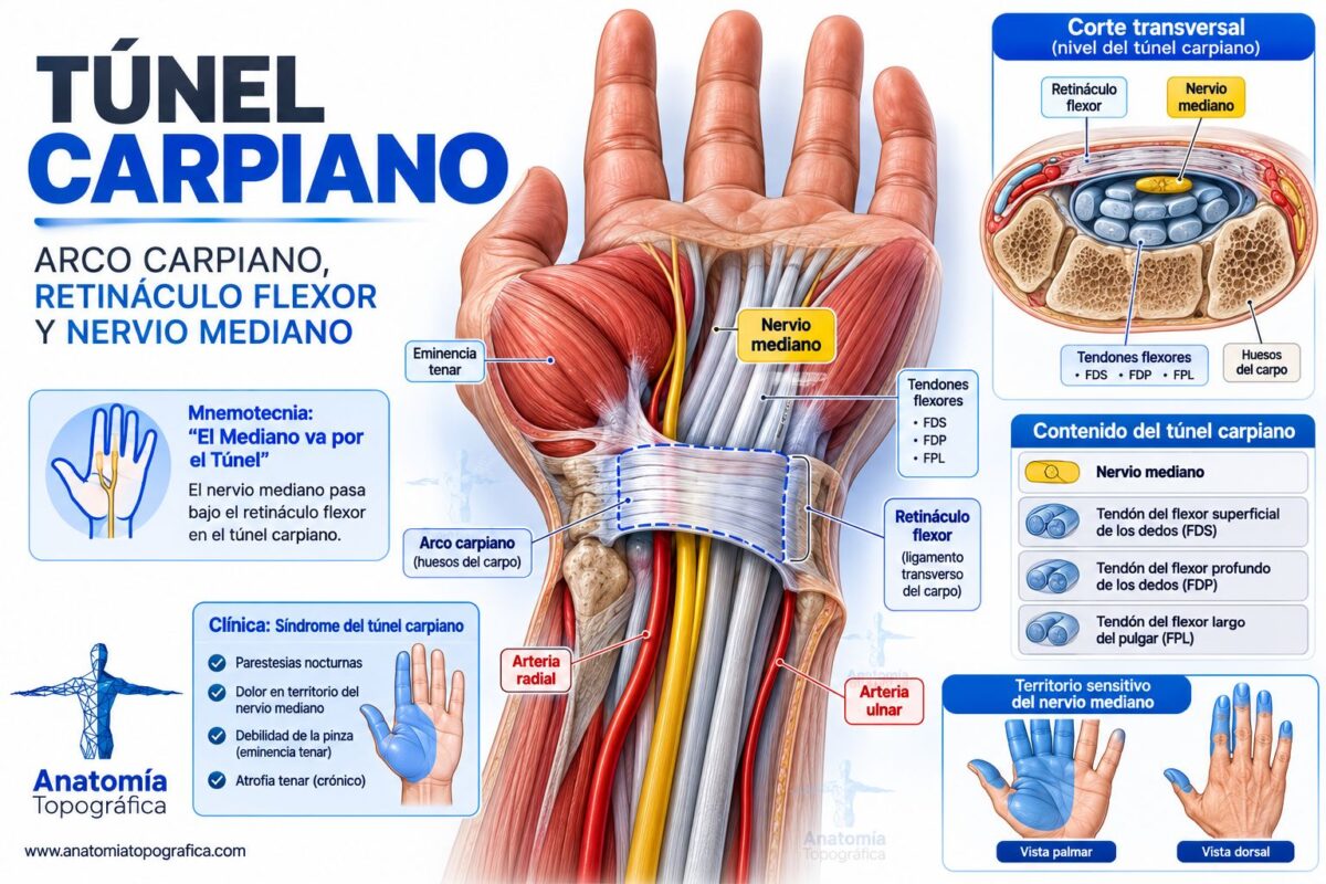 Túnel carpiano: arco carpiano, retináculo flexor y nervio mediano