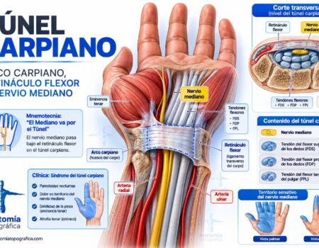 Túnel carpiano: arco carpiano, retináculo flexor y nervio mediano
