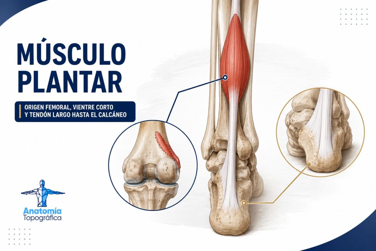 Músculo plantar: origen femoral, vientre corto y tendón largo hasta el calcáneo