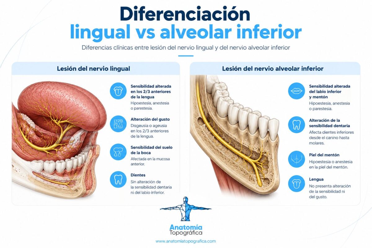 Diferencias clínicas entre lesión del nervio lingual y del nervio alveolar inferior