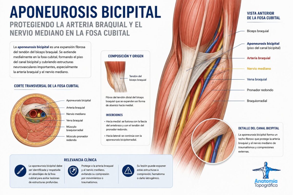 Músculos de la parte superior del brazo (brazo propiamente dicho) Aponeurosis bicipital protegiendo la arteria braquial y el nervio mediano en la fosa cubital