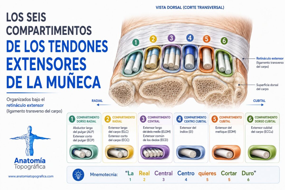 Los seis compartimentos de los tendones extensores de la muñeca