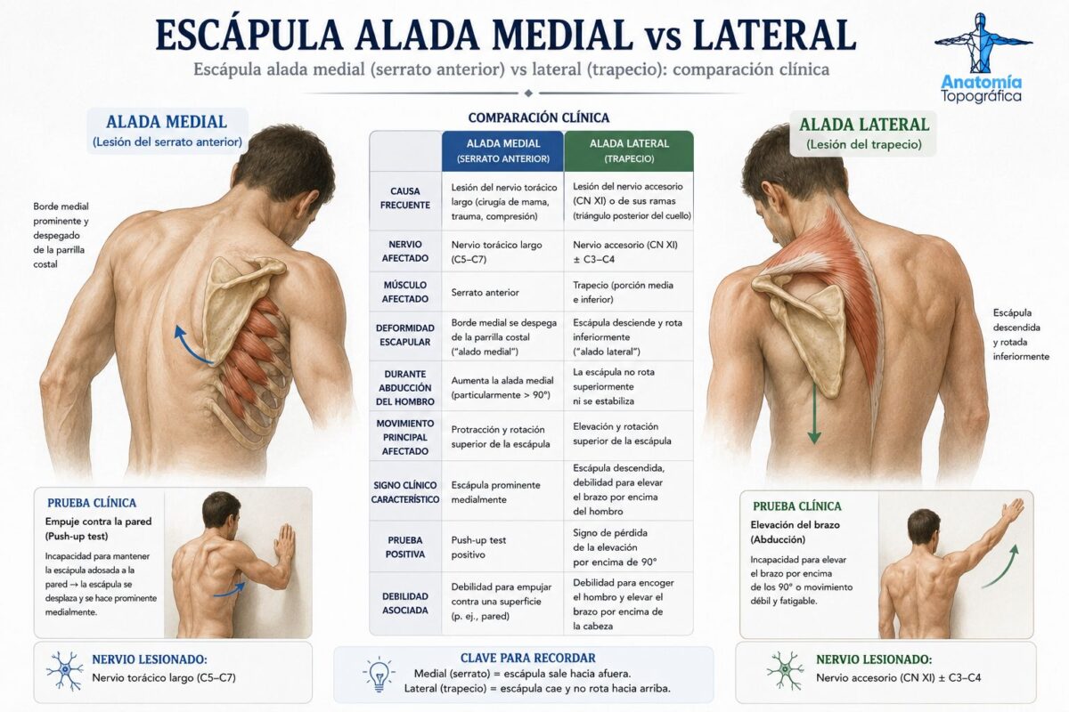 Escápula alada medial (serrato anterior) vs lateral (trapecio): comparación clínica