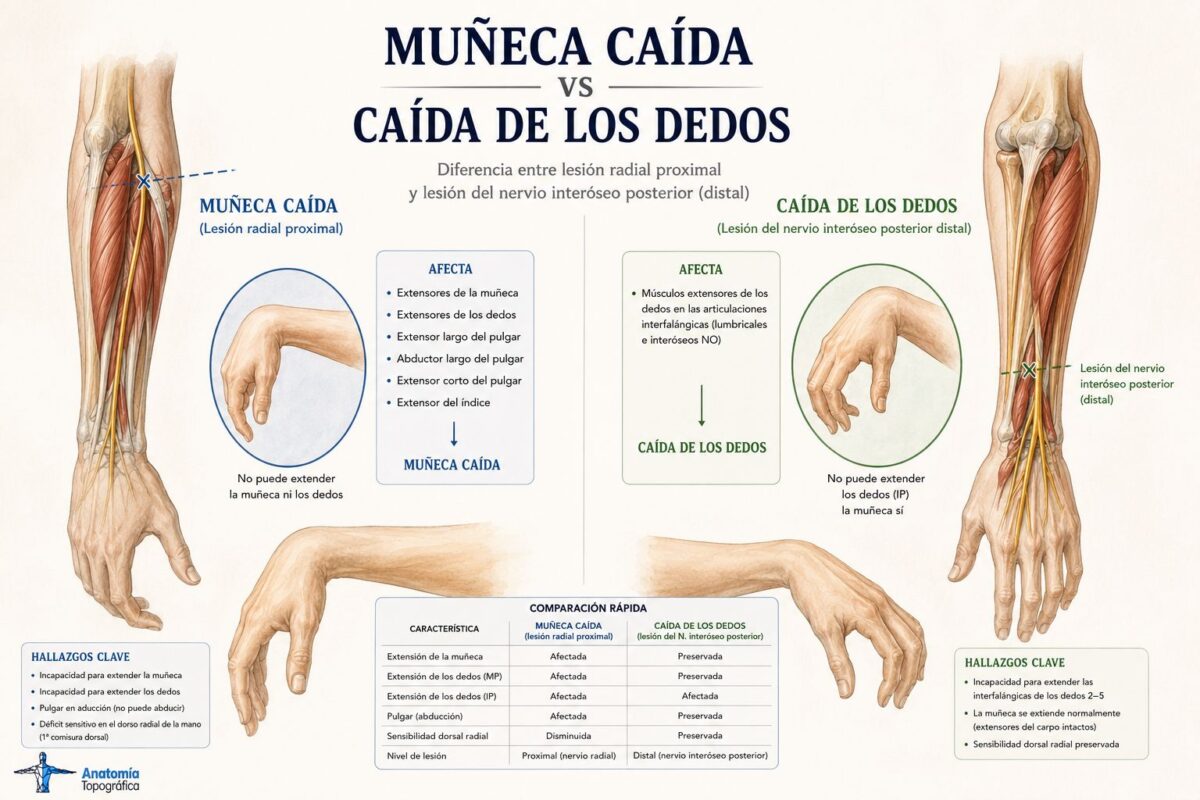 Diferencia entre muñeca caída (lesión radial proximal) y caída de los dedos (lesión distal del interóseo posterior)