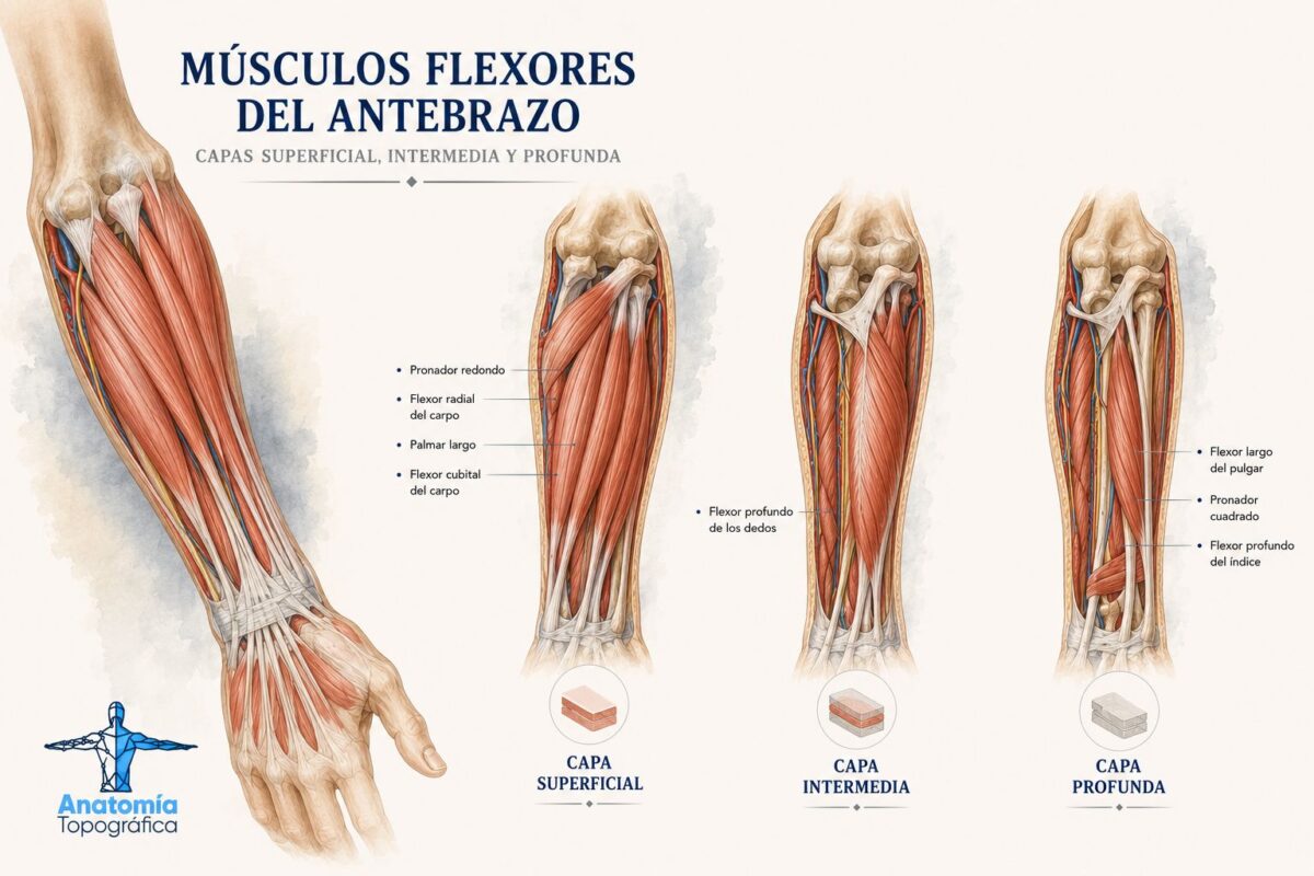 Músculos flexores del antebrazo: capas superficial, intermedia y profunda