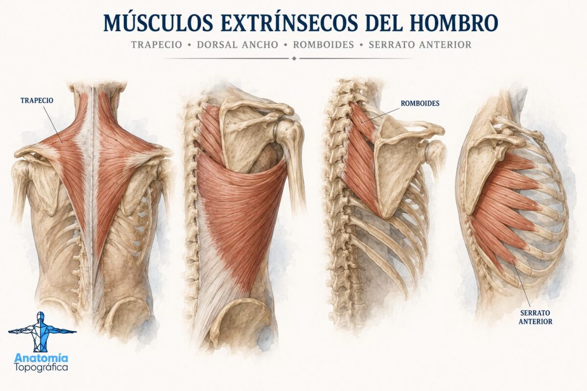Músculos extrínsecos del hombro: trapecio, dorsal ancho, romboides y serrato anterior
