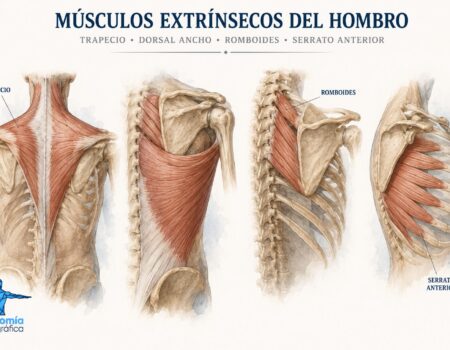 Músculos extrínsecos del hombro: trapecio, dorsal ancho, romboides y serrato anterior