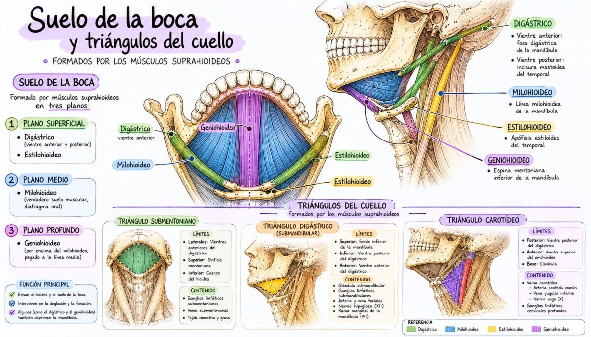 Suelo de la boca y triángulos del cuello formados por los músculos suprahioideos