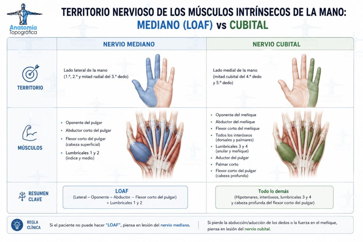 Músculos de la mano: intrínsecos, territorio nervioso y patología Territorio nervioso de los músculos intrínsecos de la mano: mediano (LOAF) vs cubital
