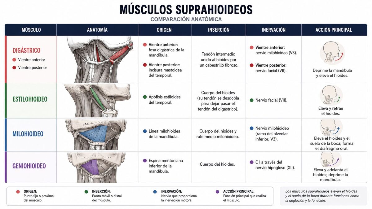 Tabla comparativa de los músculos suprahioideos: origen, inserción, inervación y acción