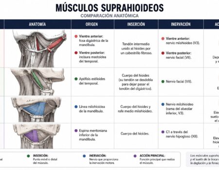 Tabla comparativa de los músculos suprahioideos: origen, inserción, inervación y acción