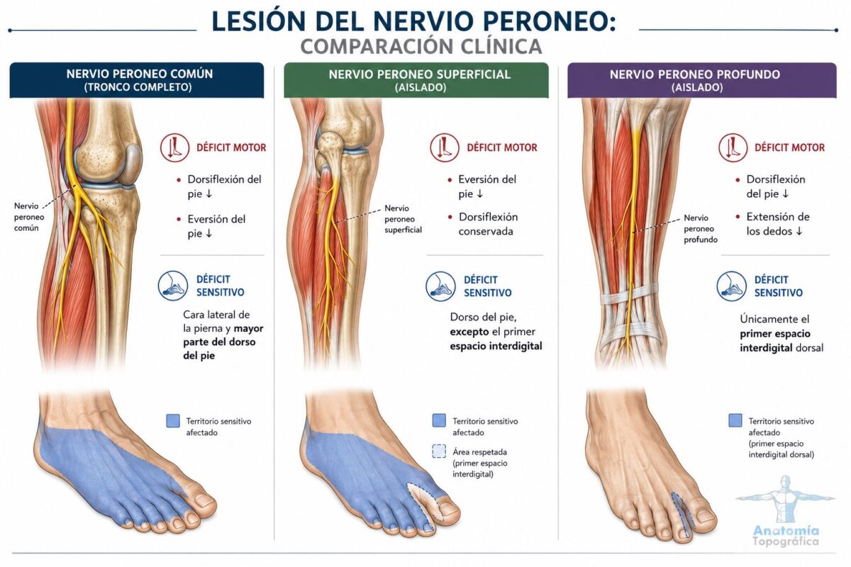 Diferencias clínicas entre lesión del peroneo común, superficial y profundo
