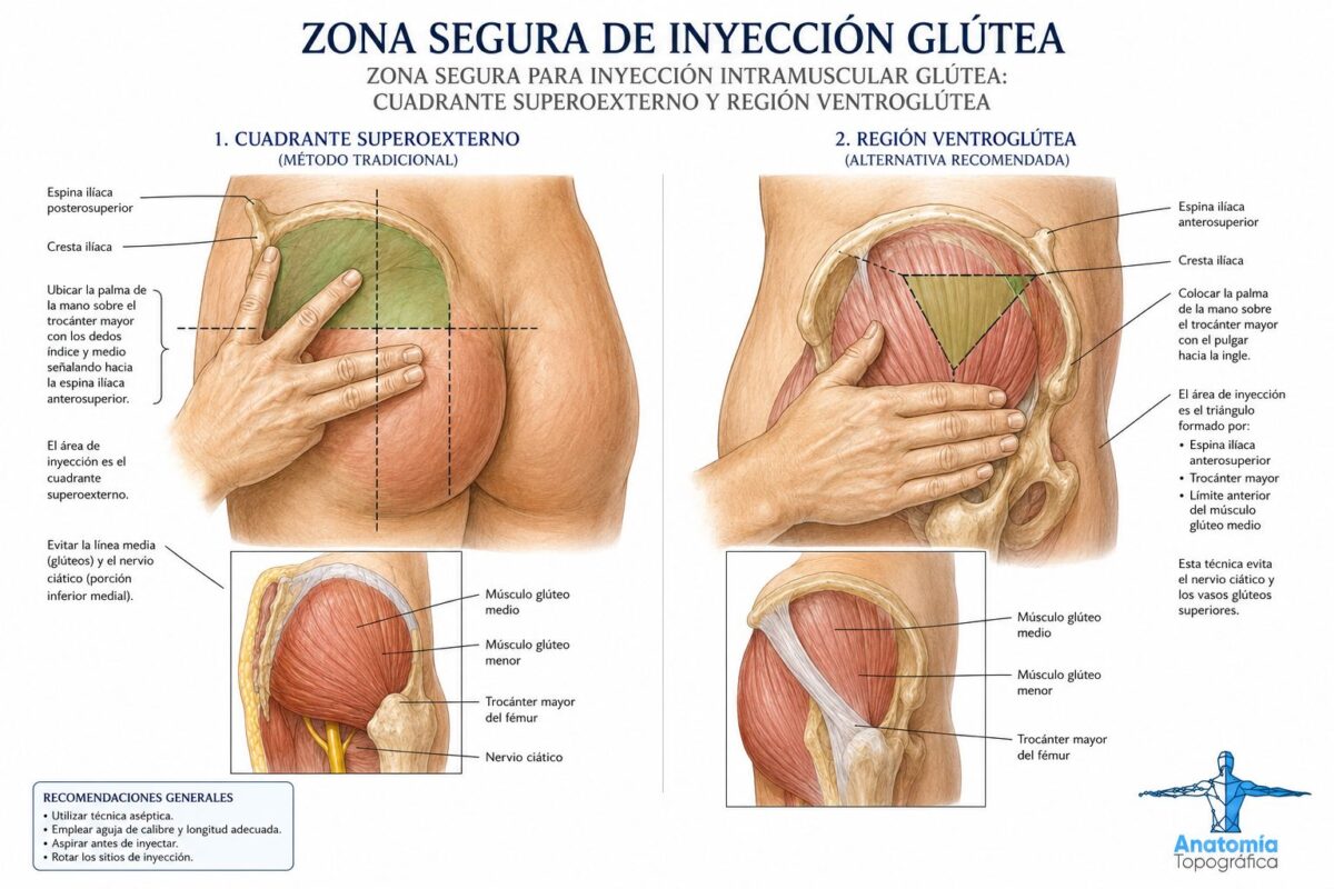 Zona segura para inyección intramuscular glútea: cuadrante superoexterno y región ventroglútea