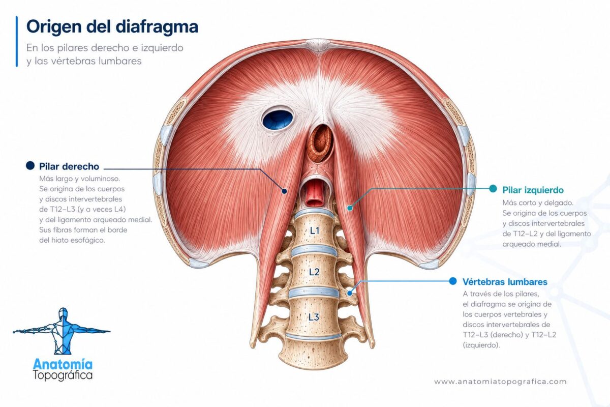 Origen del diafragma en los pilares derecho e izquierdo y las vértebras lumbares