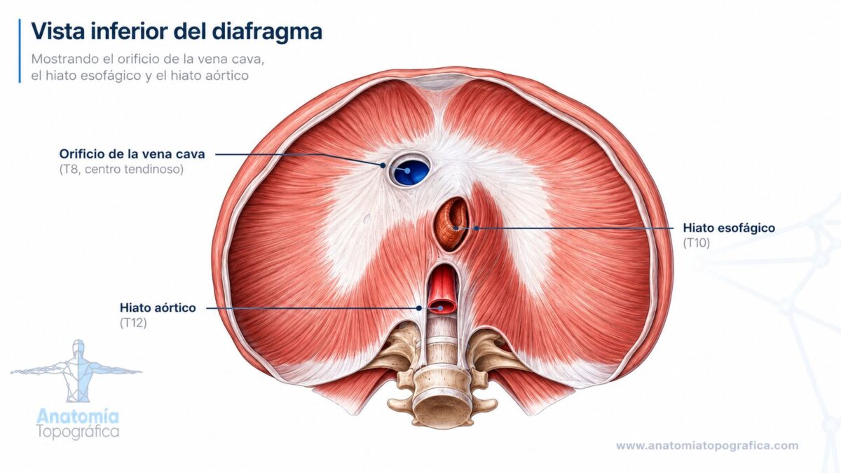 Vista inferior del diafragma mostrando el orificio de la vena cava, el hiato esofágico y el hiato aórtico