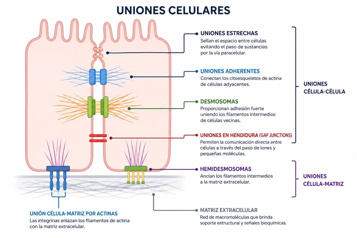 Uniones intercelulares del epitelio: estrechas, adherentes, desmosomas, comunicantes y hemidesmosomas