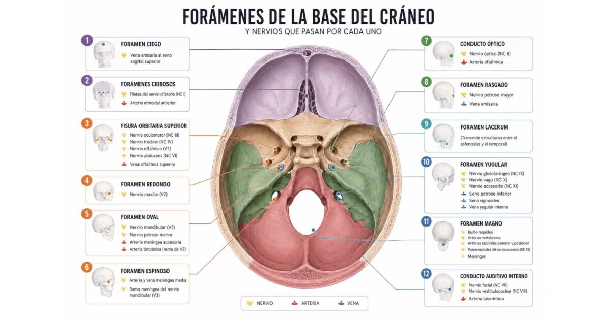 Forámenes de la base del cráneo y nervios que pasan por cada uno