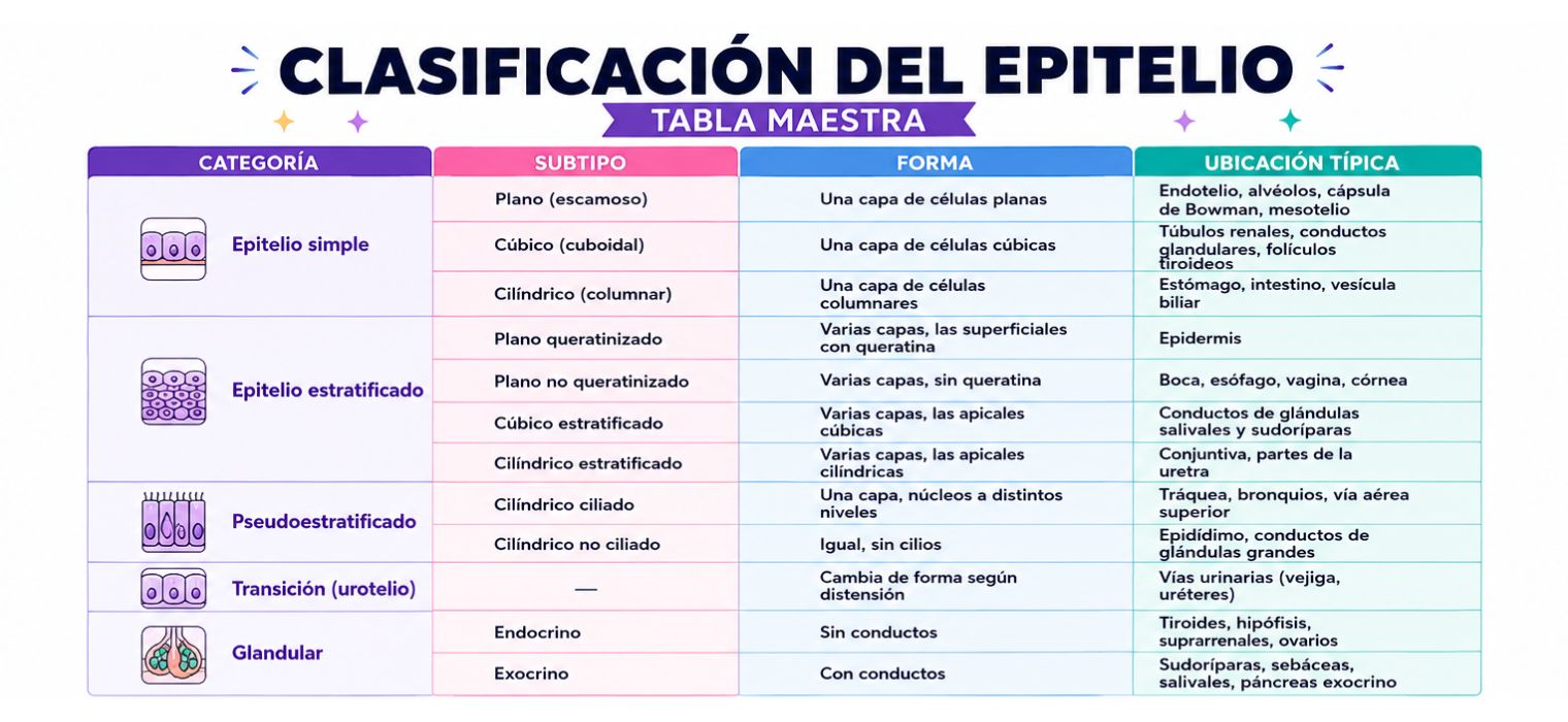 Tabla comparativa del tejido epitelial: tipo, forma celular, ubicación y función