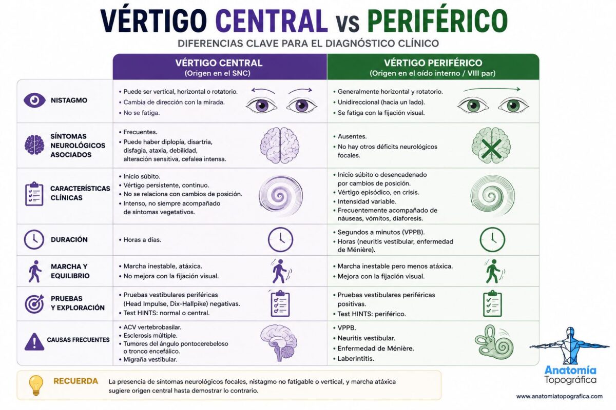 Diferencias entre vértigo central y vértigo periférico: nistagmo, síntomas neurológicos y características clínicas